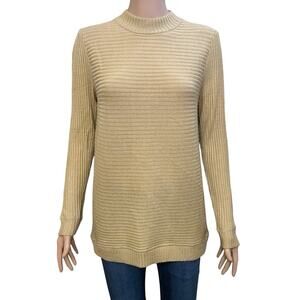 Aventura Ribbed Knit Sweater Medium Merino Wool Blend Tan Soft Long Sleeve